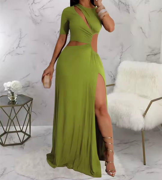 Women Sexy Solid Color Short Sleeve Cut Out Side Split Maxi Dress
