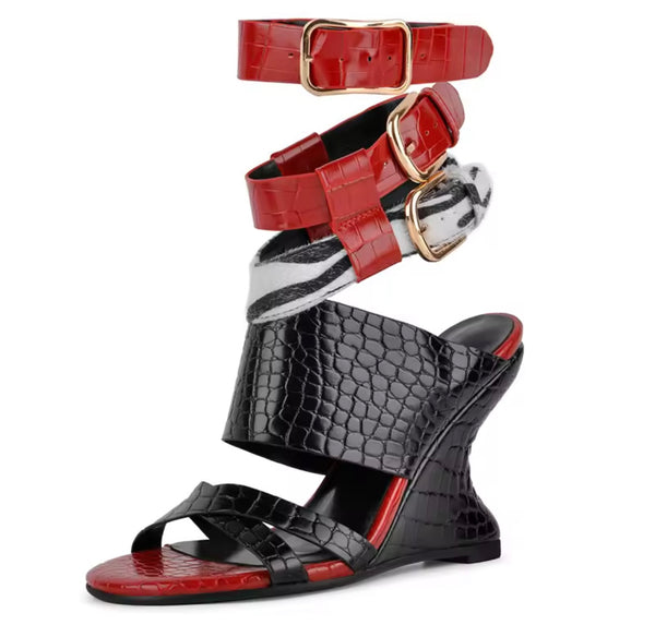 Women Fashion Color Patchwork Wedge Ankle Strap Sandals