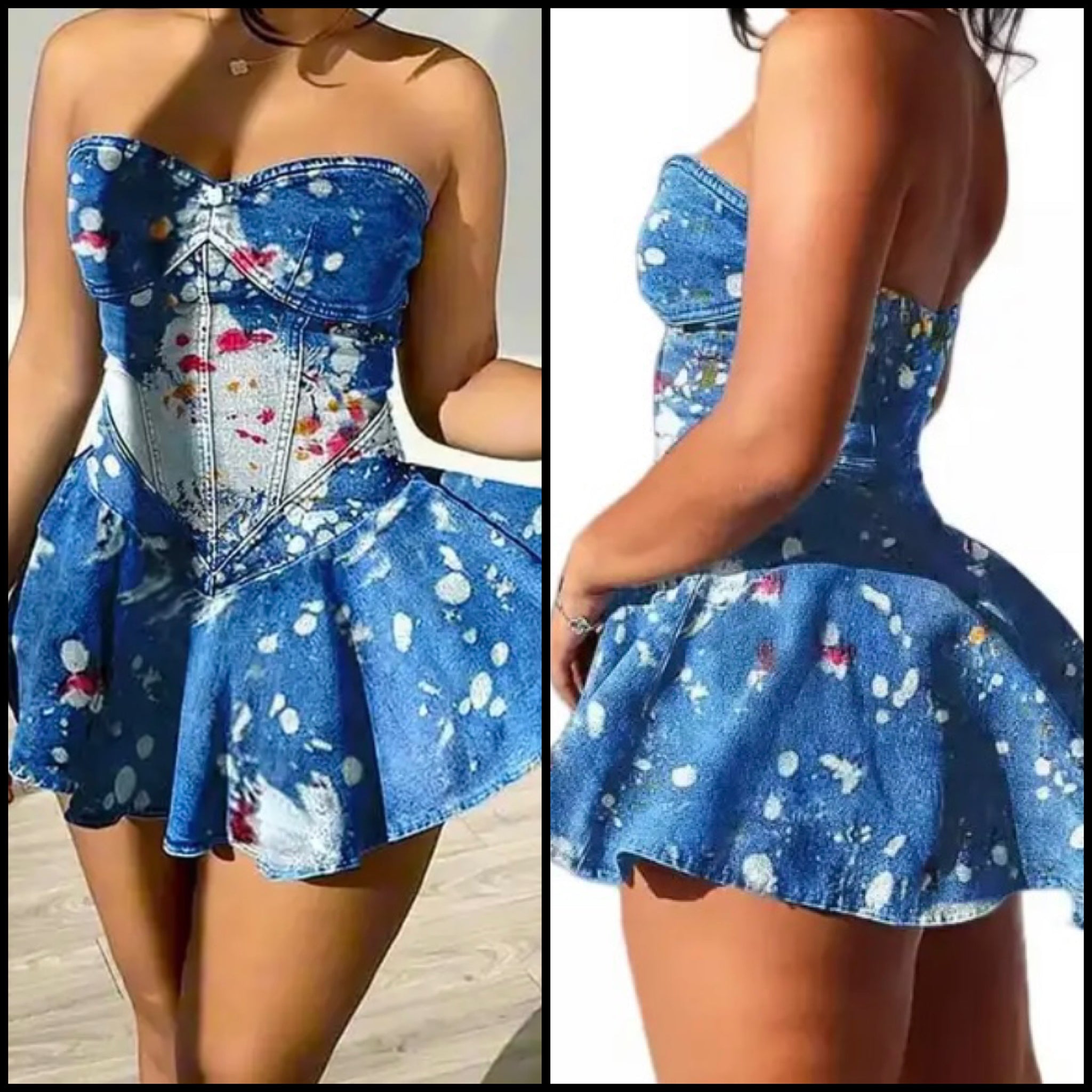 Women Sexy Strapless Printed Ruffled Denim Dress