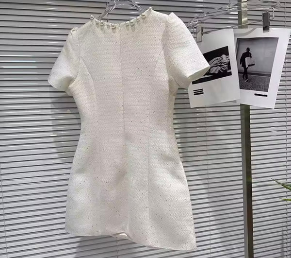 Women Pearl Rhinestone Short Sleeve Tweed Dress