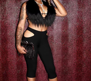 Women Sexy Feather Halter Sleeveless Two Piece Capri Pant Set