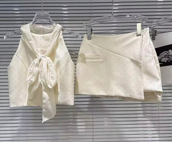 Women Sleeveless Scarf Tie Striped/Rhinestone Two Piece Skirt Set
