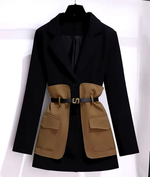 Women Color Patchwork Belted Full Sleeve Blazer Two Piece Pant Set