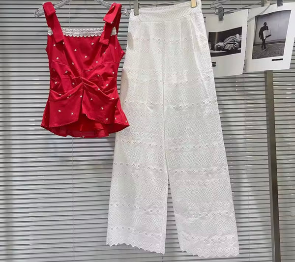 Women Sleeveless Red/White Heart Print Two Piece Pant Set