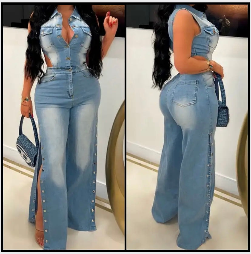 Women Sleeveless Button Fashion Denim Jumpsuit