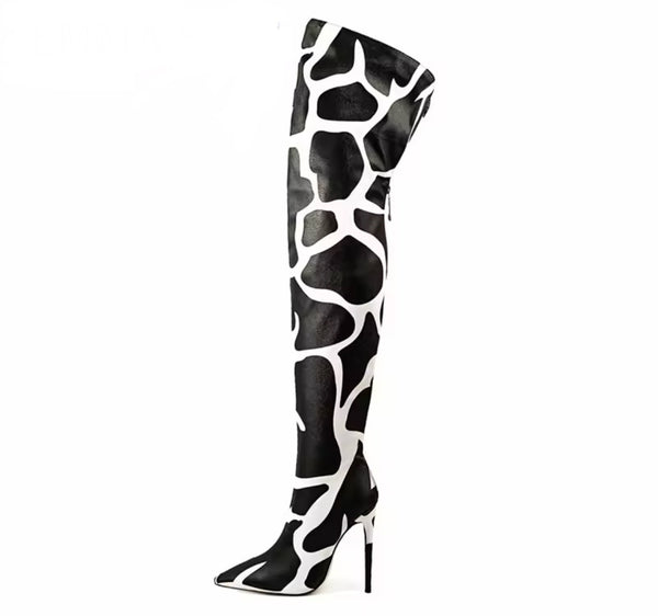 Women Color Patchwork Faux Leather Over The Knee Boots