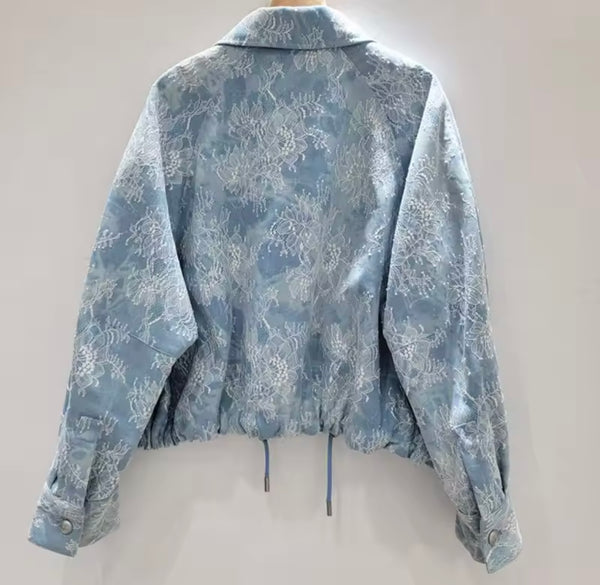 Women Fashion Zip Up Lace Denim Two Piece Skirt Set