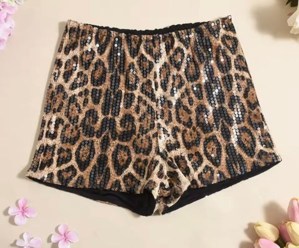 Women Fashion Faux Leather Jacket Two Piece Leopard Short Set