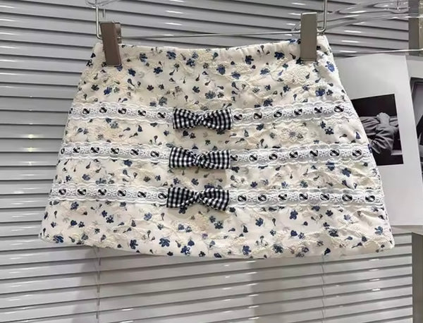 Women Plaid Floral Bow Strapless Corset Two Piece Skirt Set