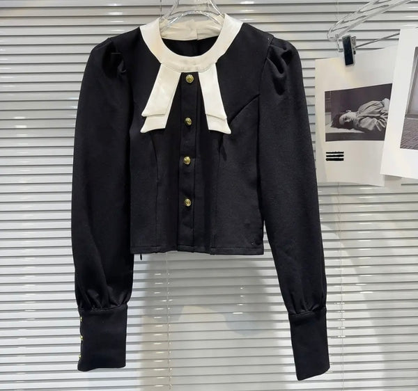 Women Sexy B&W Bow Button Up Full Sleeve Two Piece Skirt Set