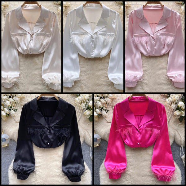 Women Button Up Feather Full Sleeve Fashion Top