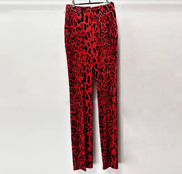 Women Fashion Velour Leopard Print Two Piece Blazer Pant Set