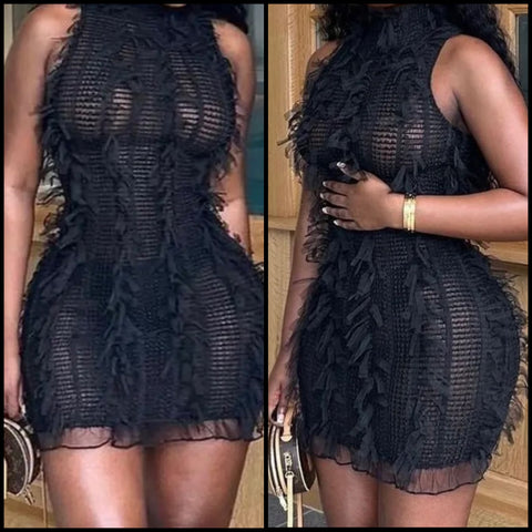 Women Sexy Sleeveless Black See Through Mesh Dress