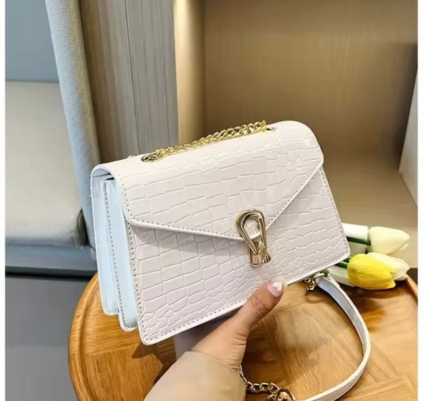 Women Fashion Faux Leather Metal Chain Handbag Purse