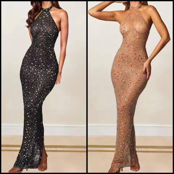 Women Sexy Halter Sleeveless Bling Mesh Maxi Dress