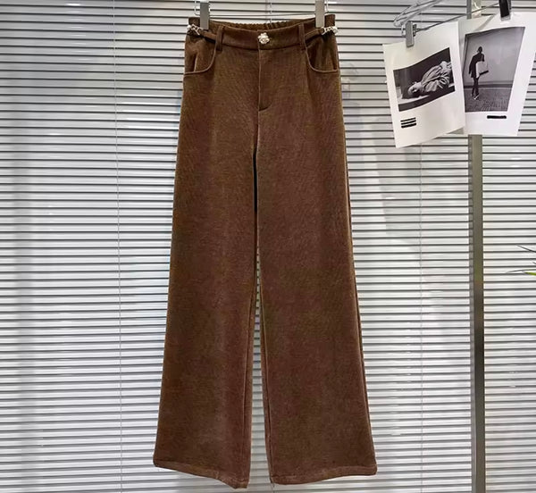 Women Lace Patchwork Brown Corduroy Blazer Two Piece Pant Set