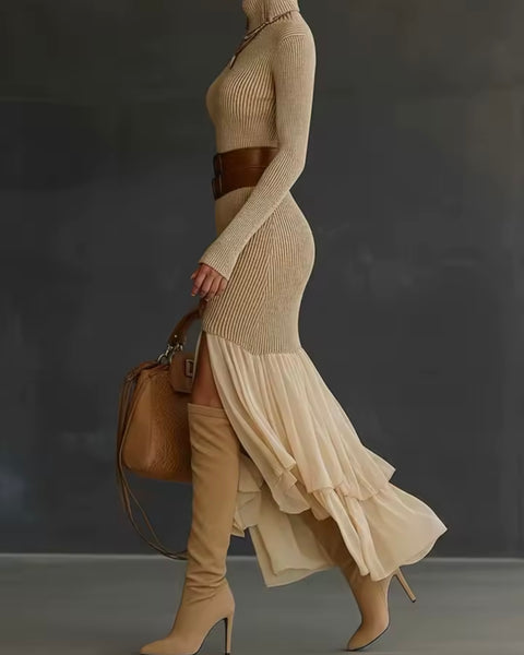 Women Sexy Turtleneck Ribbed Full Sleeve Ruffled Maxi Dress
