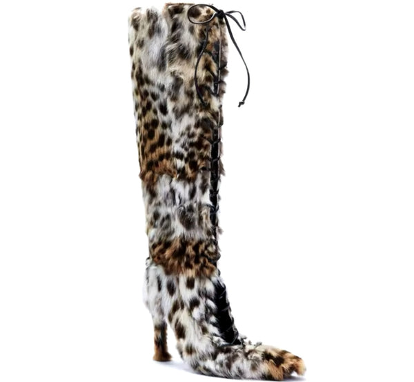Women Fashion Animal Print Faux Fur Lace Up Knee High Boots
