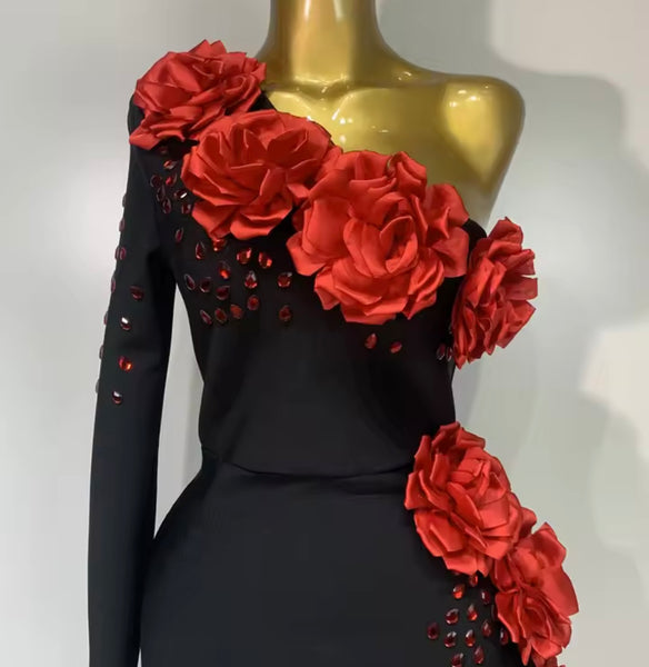 Women Black Sexy One Shoulder Full Sleeve 3D Floral Rhinestone Maxi Dress