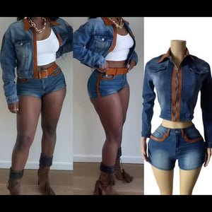 Women Fashion Brown Faux Leather Patchwork Denim Two Piece Short Set