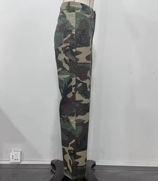 Women Fashion Color Camouflage Bling Denim Pants
