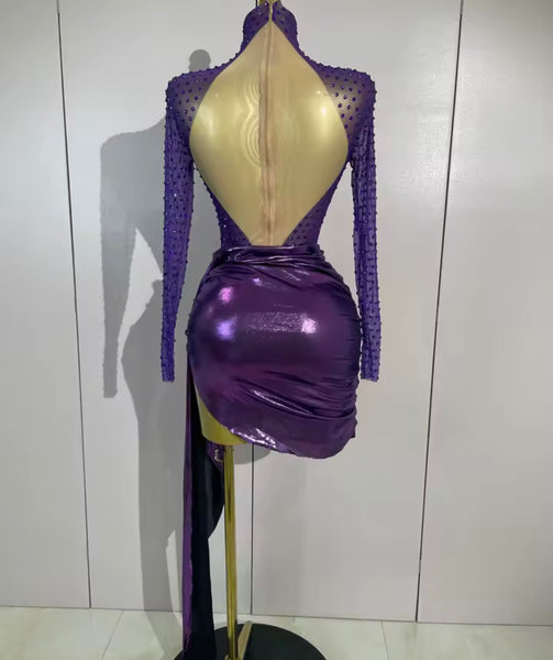 Women Sexy Purple Open Back Full Sleeve Rhinestone Dress