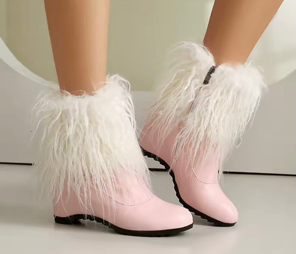 Women Color Fashion Furry Platform Zip Up Ankle Boots