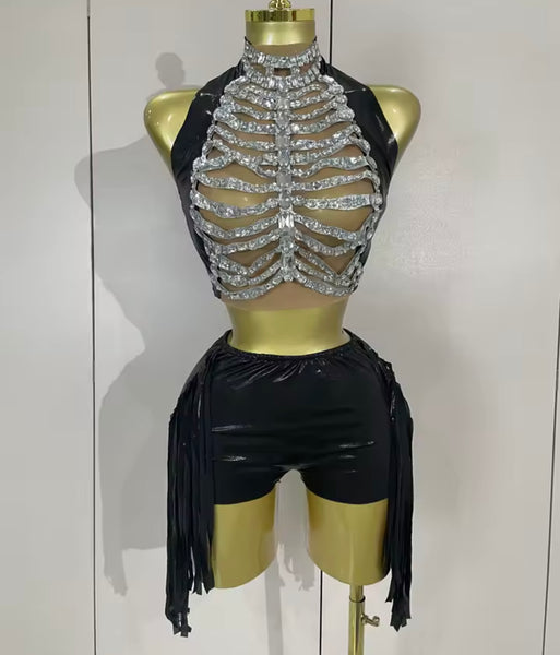 Women Sexy Sleeveless Crystal PU Two Piece Short Set