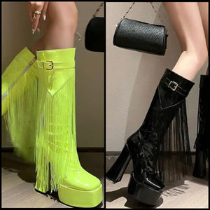 Women Platform Fringe Tassel Fashion Patent Leather Boots