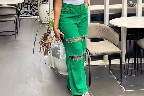 Women Green Cut Out Chain Fashion Denim Pants