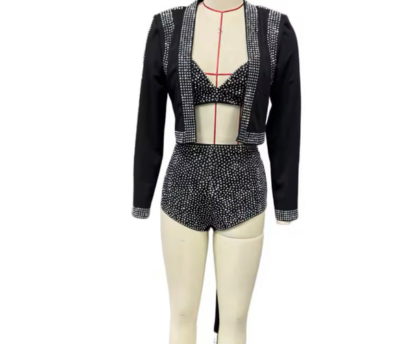 Women Sexy Black Bling Jacket Three Piece Short Set