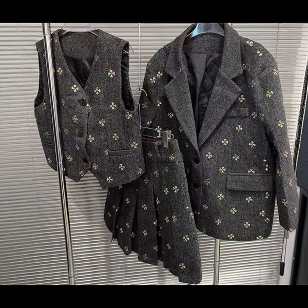 Women Gray Sequins Print Black Fashion Three Piece Pleated Skirt Set