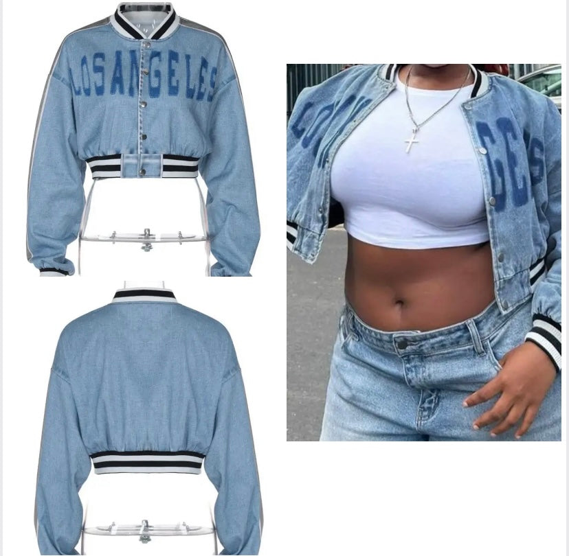 Women Fashion Letter Print Denim Varsity Crop Jacket