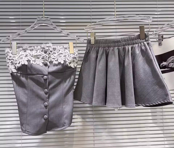 Women Gray Lace Button Up Strapless Two Piece Pleated Skirt Set