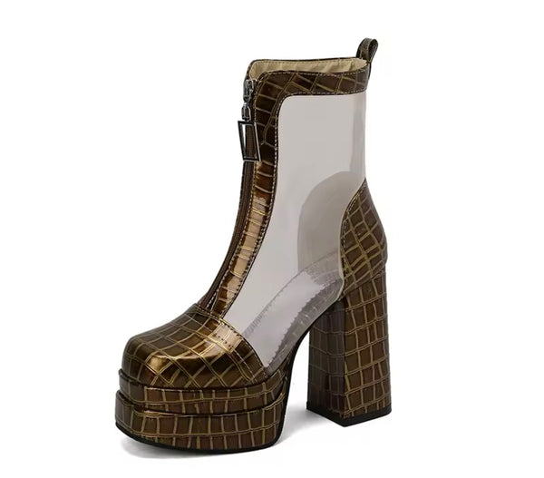 Women Fashion Platform Patent Leather Mesh Patchwork Ankle Boots