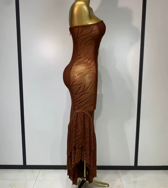 Women Brown Strapless Mesh Rhinestone Patchwork Dress