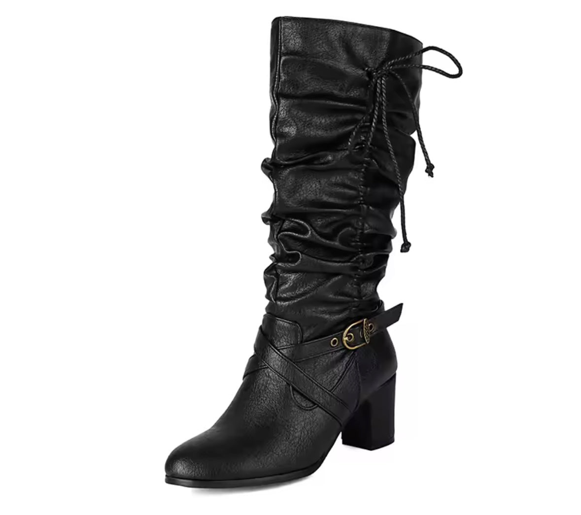 Women Fashion Buckled Ruched Tie Up Faux Leather Boots