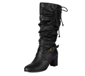 Women Fashion Buckled Ruched Tie Up Faux Leather Boots