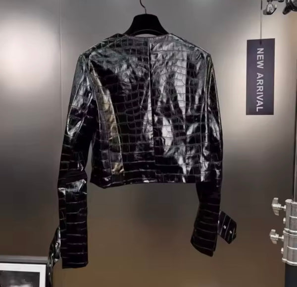 Women Gold Metal Black Faux Leather Jacket Two Piece Skirt Set