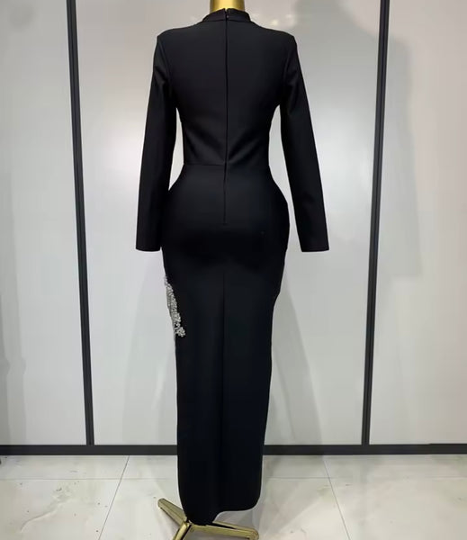 Women Black Rhinestone Floral Chain Full Sleeve Side Split Maxi Dress