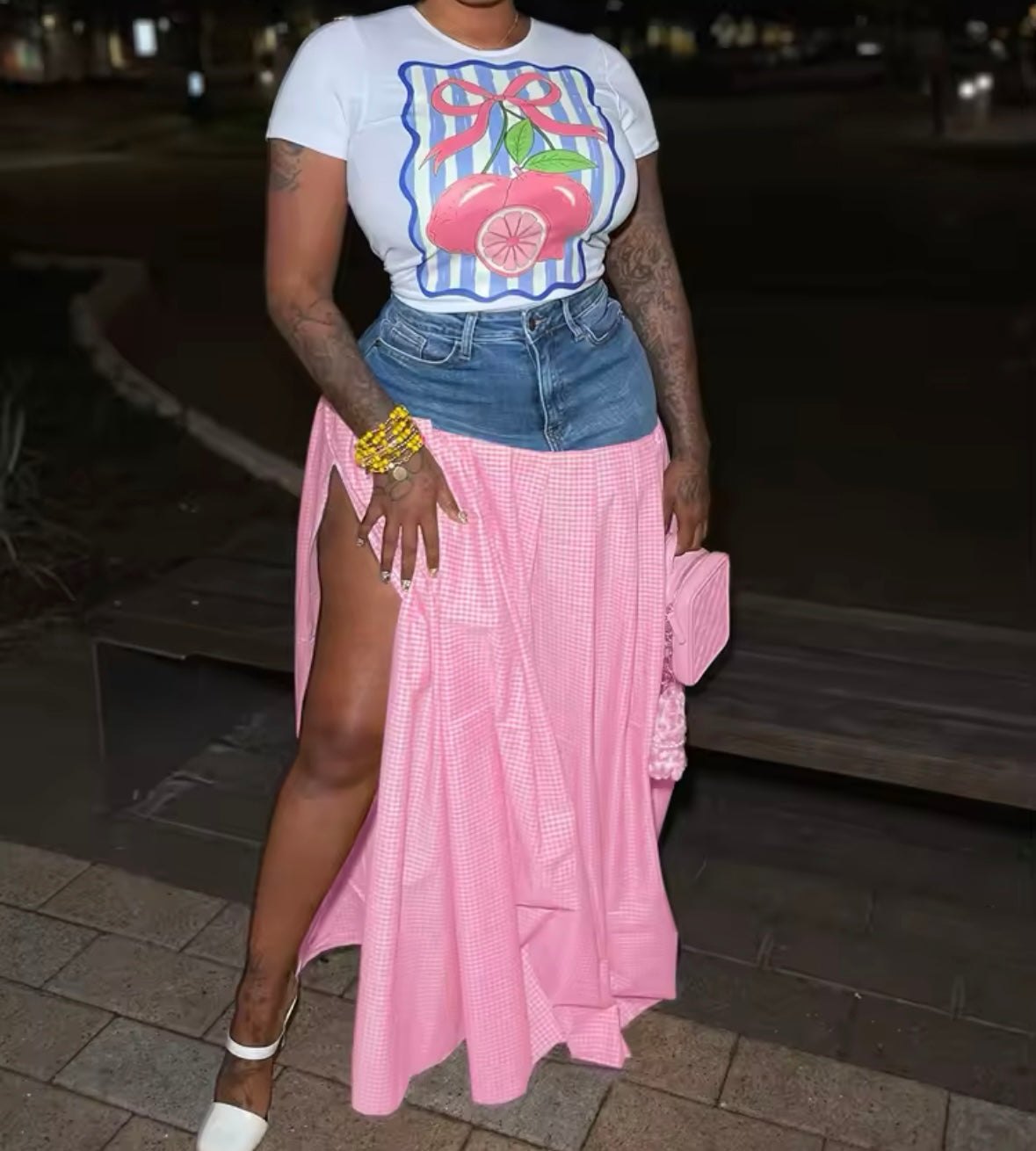 Women Fruit Print Short Sleeve Plaid Denim Two Piece Skirt Set