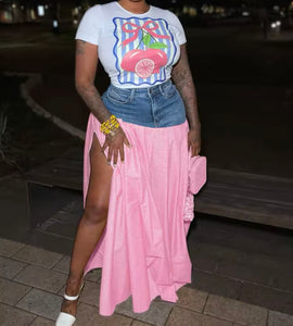 Women Fruit Print Short Sleeve Plaid Denim Two Piece Skirt Set