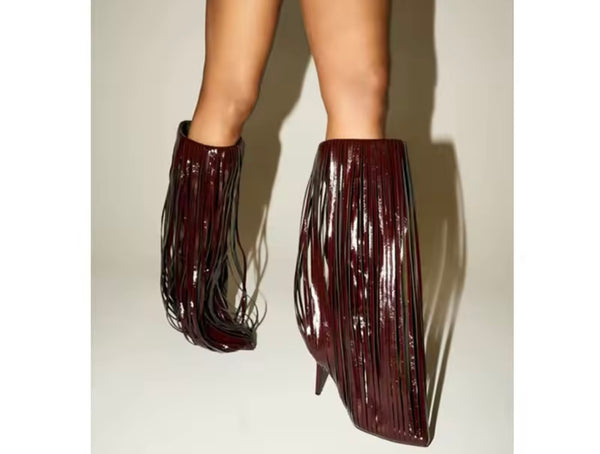 Women Fashion Pointed Toe Tassel High Heel Boots