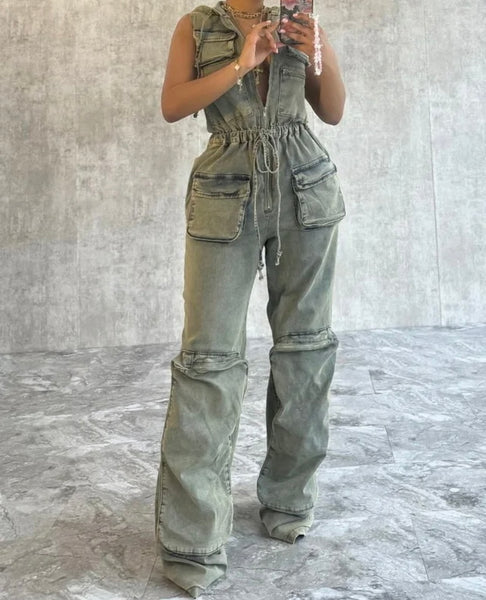 Women Fashion Hooded Sleeveless Drawstring Denim Jumpsuit