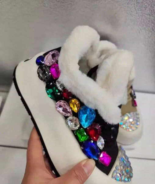 Women Fashion Platform Colorful Gem Faux Fur Patchwork Sneakers