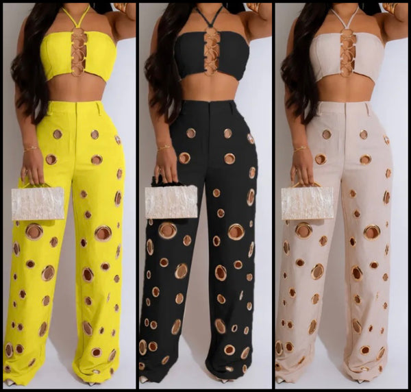 Women Sexy Sleeveless Cut Out Circle Two Piece Pant Set
