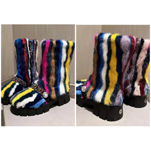 Women Fashion Multicolored Bling Faux Fur Boots