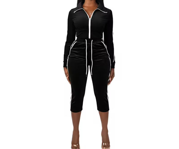 Women Velour Striped Zip Up Two Piece Capri Pant Set