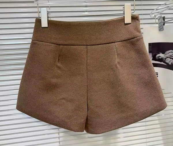 Women Color Fashion Button Tweed Wrap Shorts