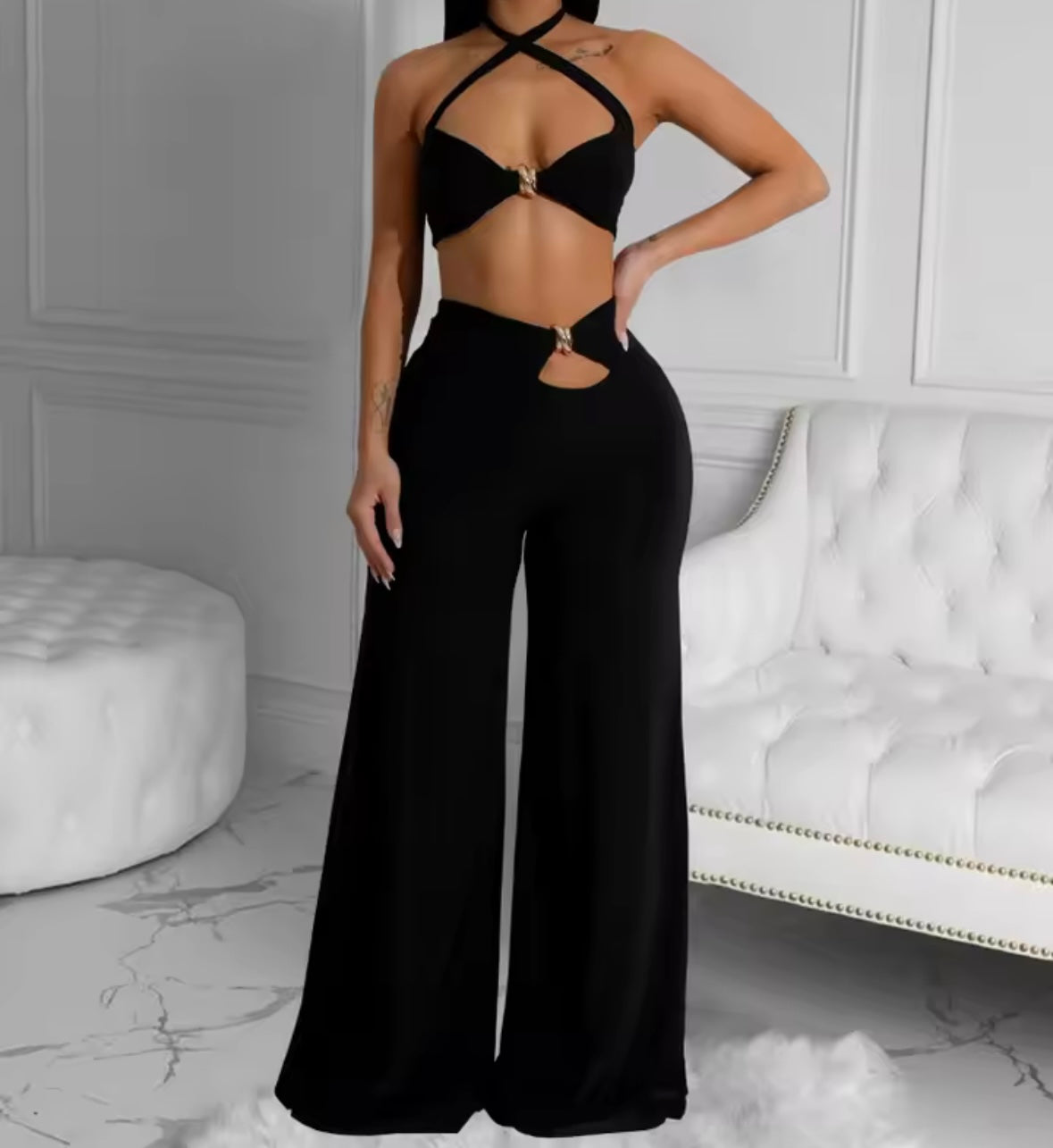 Women Sexy Halter Sleeveless Metal Cut Out Two Piece Pant Set